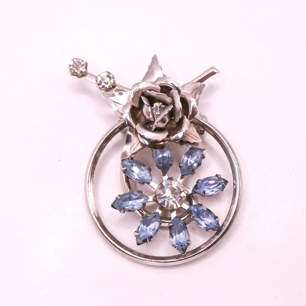 Vintage Blue Rhinestone Silvertone Rose Flower 2" Pendant Brooch Pin